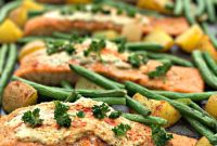 Sheet Pan Garlic Herb Goat Cheese Stuffed Salmon with Roasted Vegetables