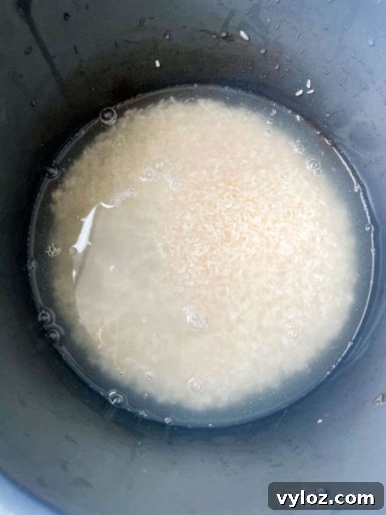 Easy Instant Pot Louisiana Red Beans and Rice 16 white rice and water in an Instant Pot