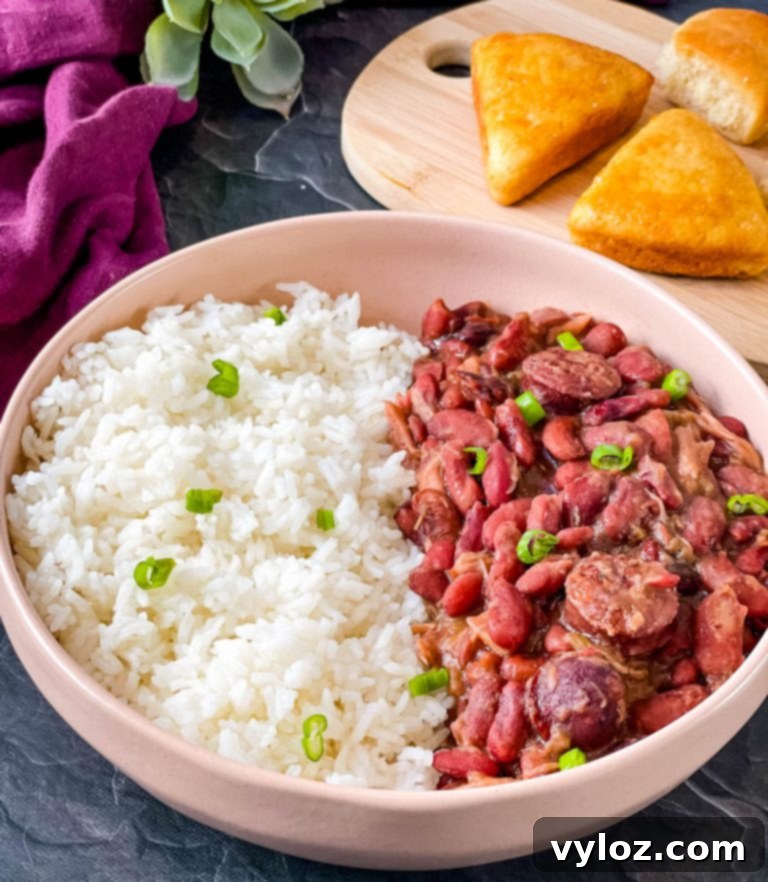 instant pot red beans and rice in a white bowl
