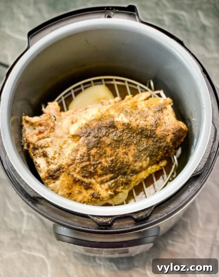 Instant Pot Tender Turkey Breast 6 Cooked turkey breasts served with homemade gravy, ready to eat.