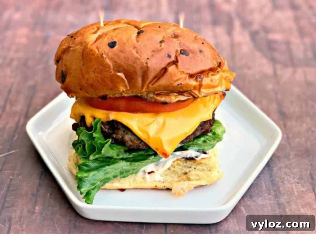 juicy air fryer cheeseburgers on a bun and white plate