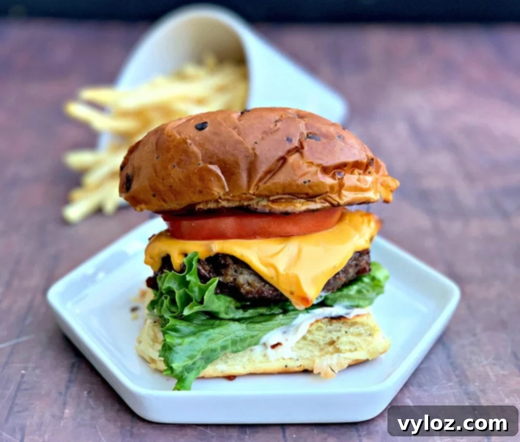 juicy air fryer cheeseburgers on a bun and white plate with fries
