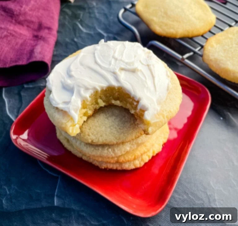 An artful display of keto low carb gluten free sugar cookies on a dark plate, some with white frosting.