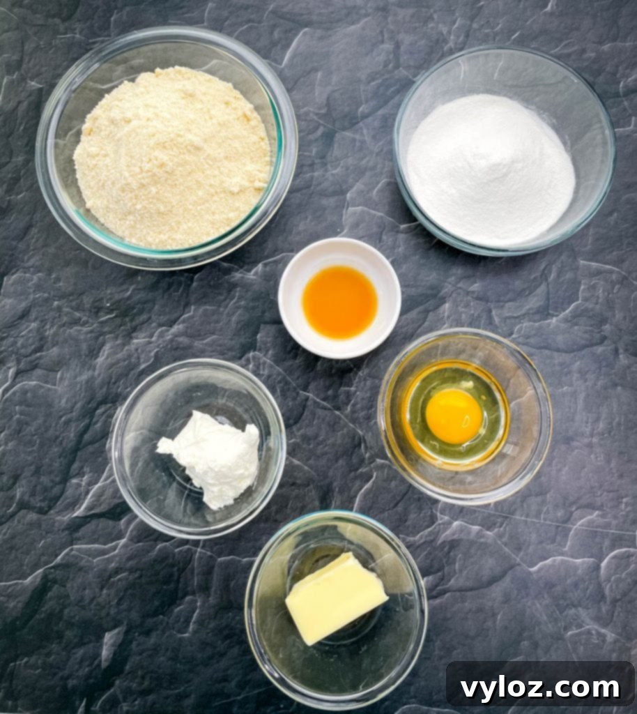 Carefully arranged ingredients for making keto low carb gluten free sugar cookies, including almond flour and monk fruit sweetener.
