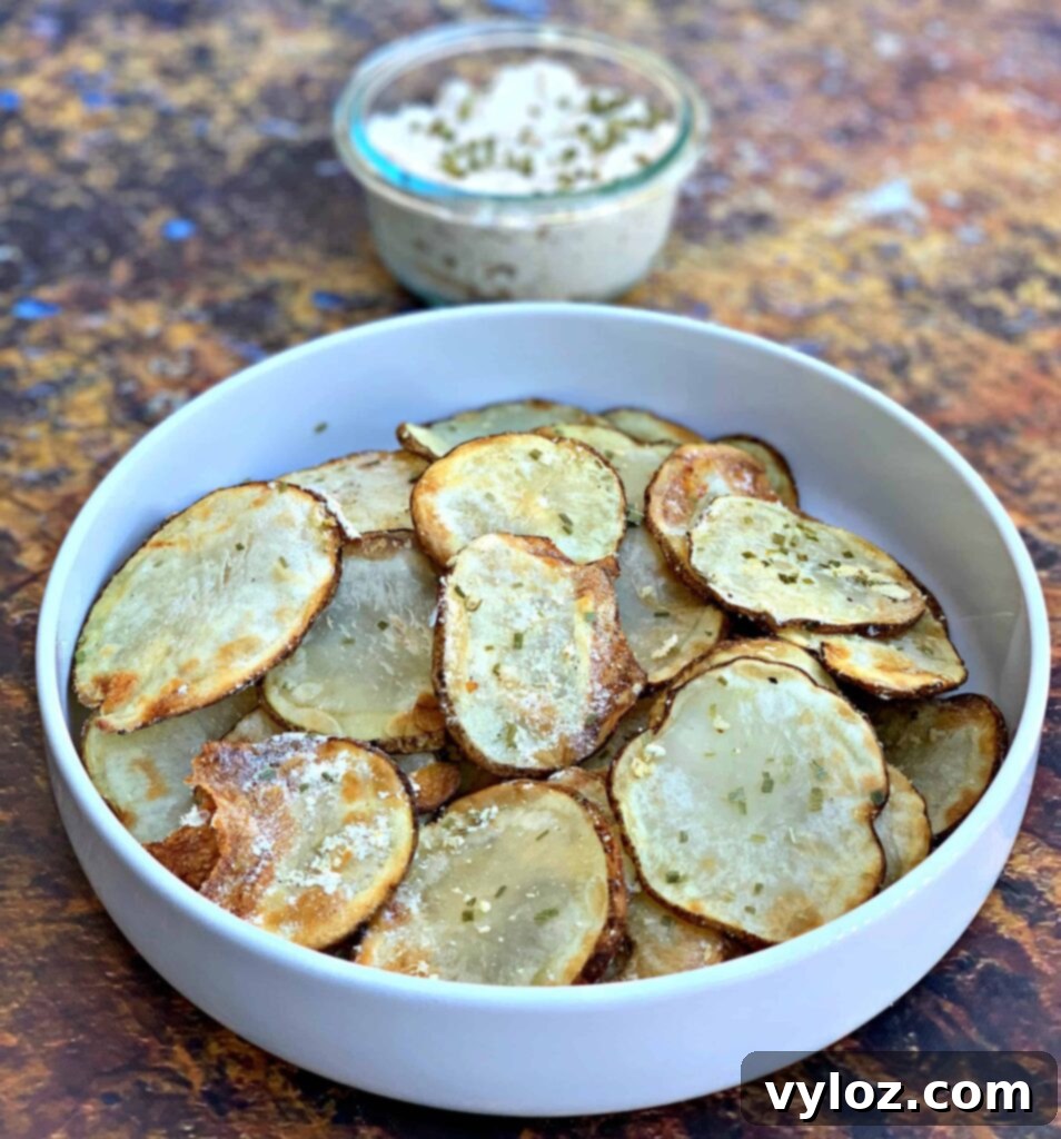 Crispy Air Fryer Homemade Potato Chips 3 Air fryer potato chips served in a white bowl with a side of creamy dip.