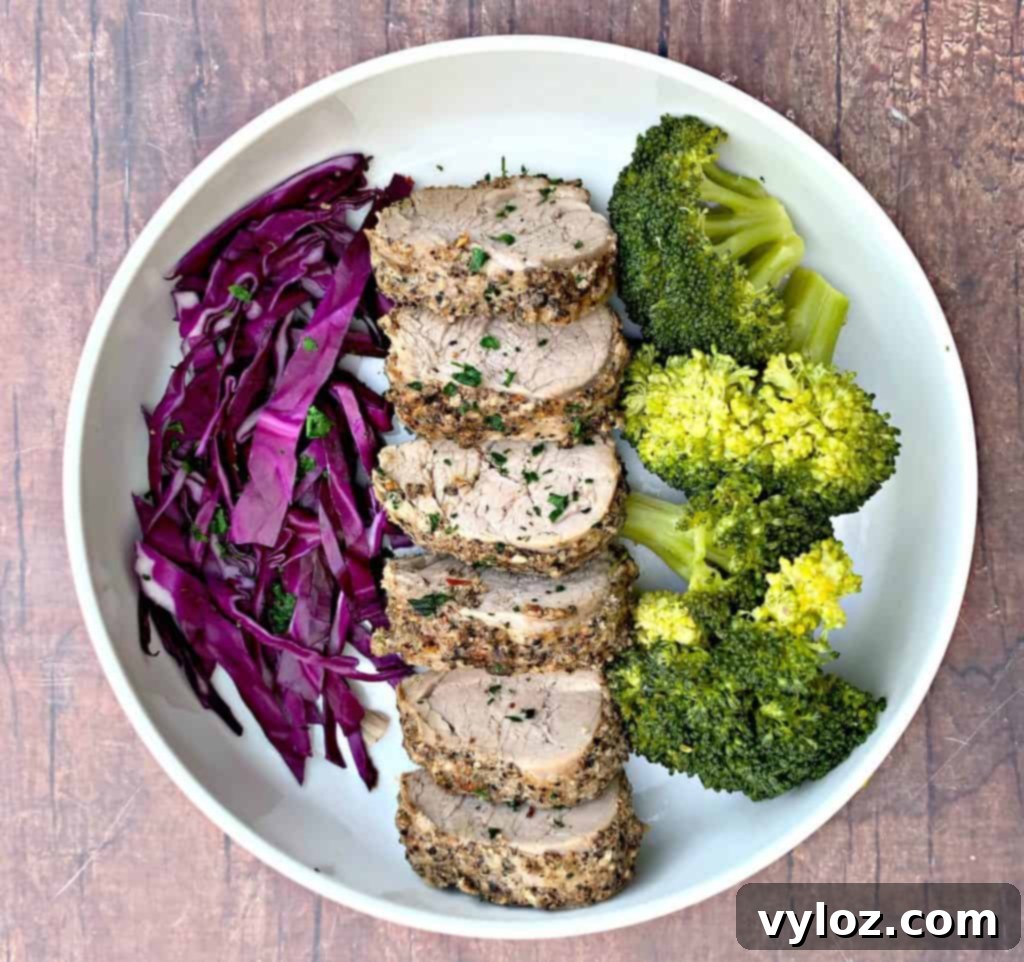 Keto Instant Pot Garlic Pepper Pork Tenderloin Veggie Bowls 8 pork loin in a bowl with broccoli
