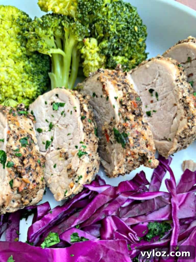Keto Instant Pot Garlic Pepper Pork Tenderloin Veggie Bowls 9 sliced pork loin and cooked broccoli
