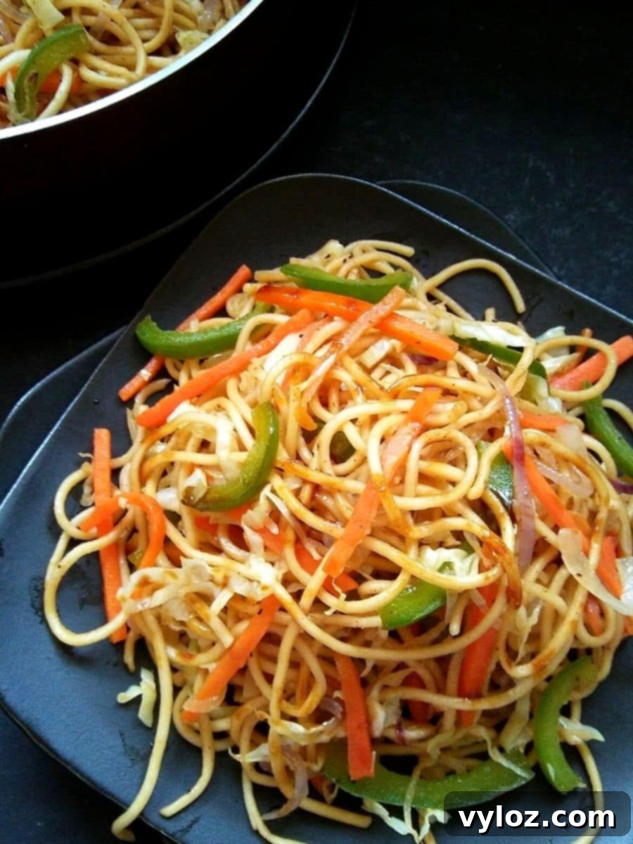 A vibrant plate of mixed vegetable chow mein, showcasing noodles, colorful vegetables, and a glossy sauce, ready to be enjoyed.