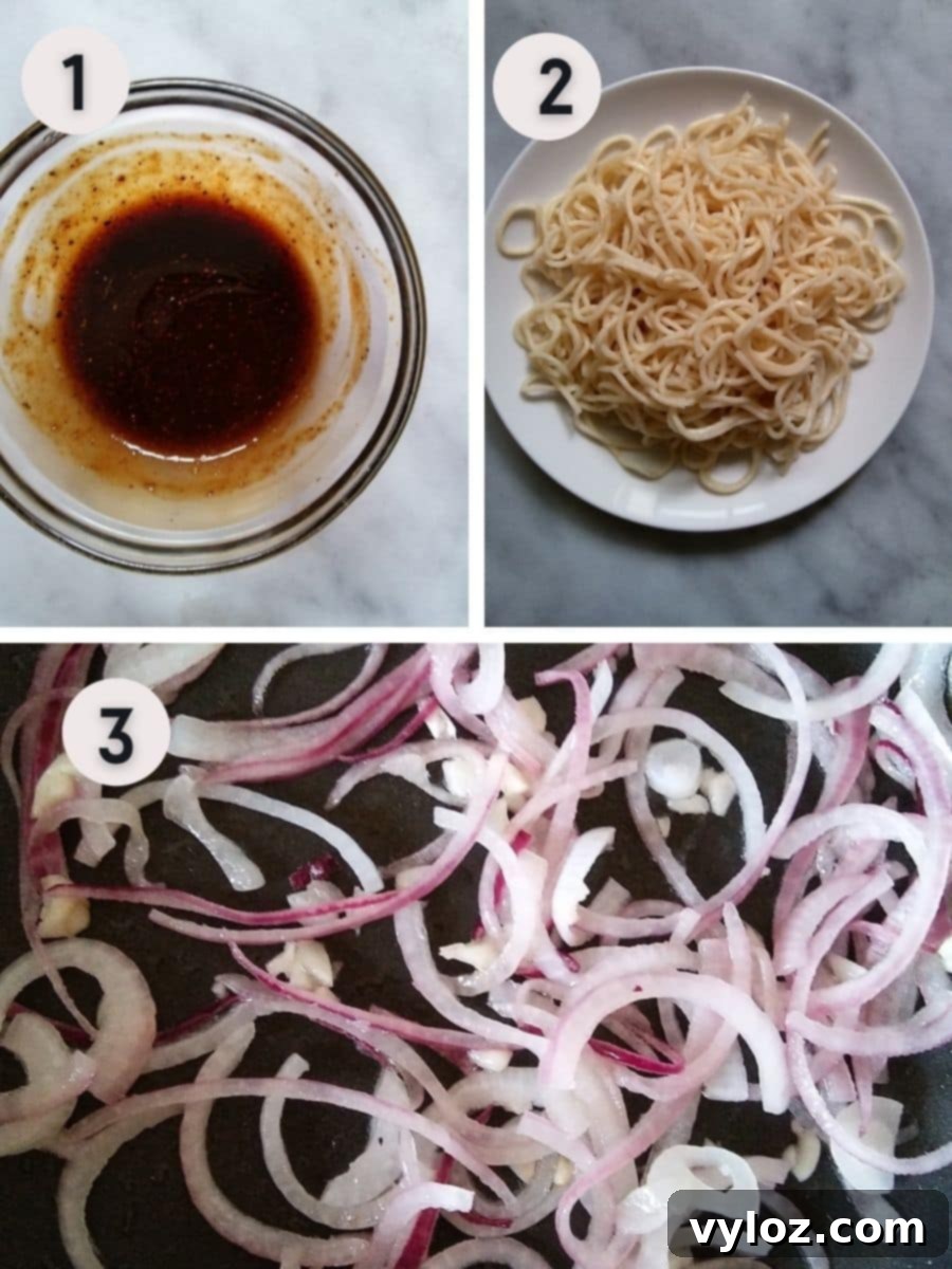 Two separate bowls show the prepared chow mein sauce and perfectly cooked noodles, ready for stir-frying.