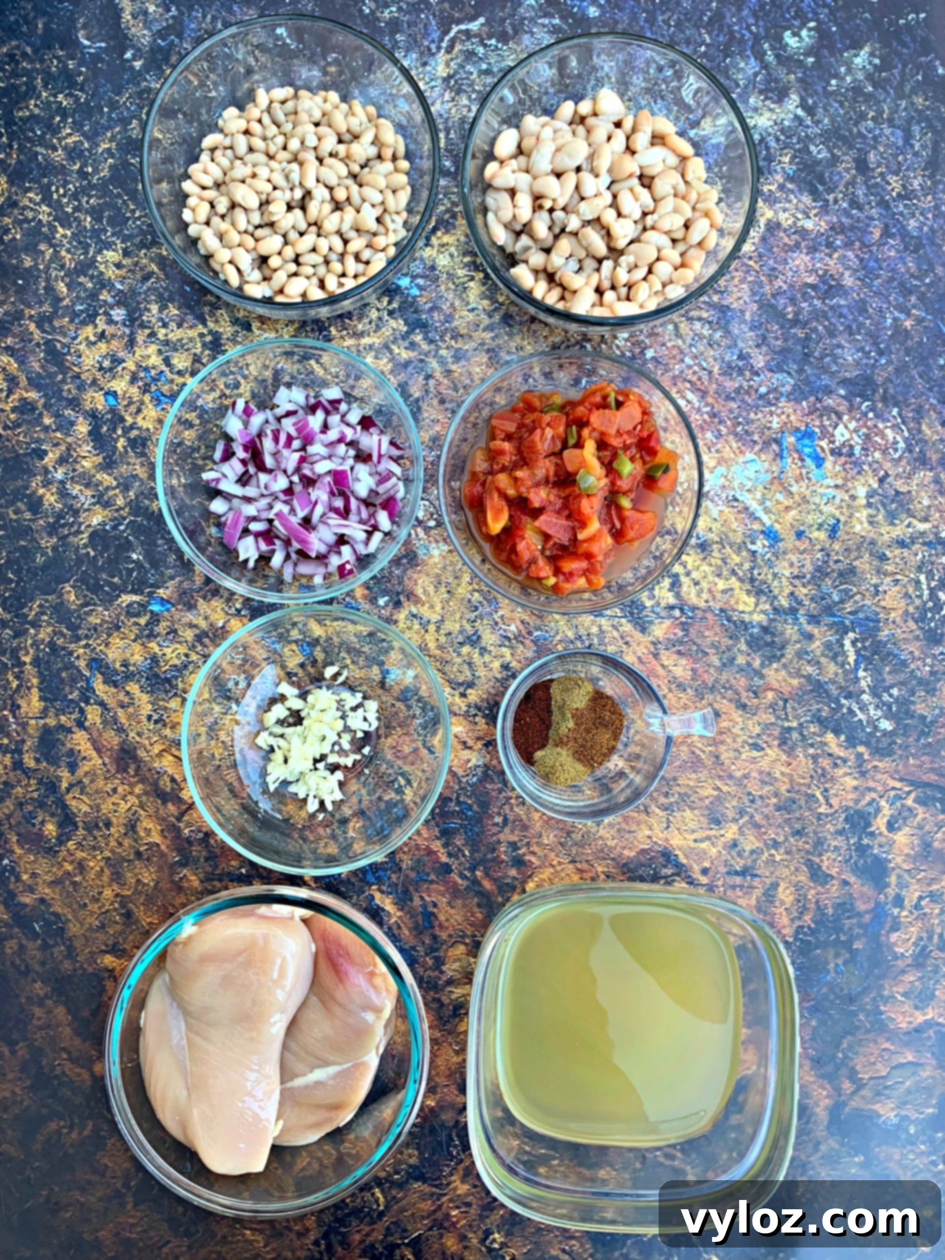 Various chili ingredients neatly arranged on a counter: canned beans, diced tomatoes, chicken broth, chicken breasts, and seasoning bottles.