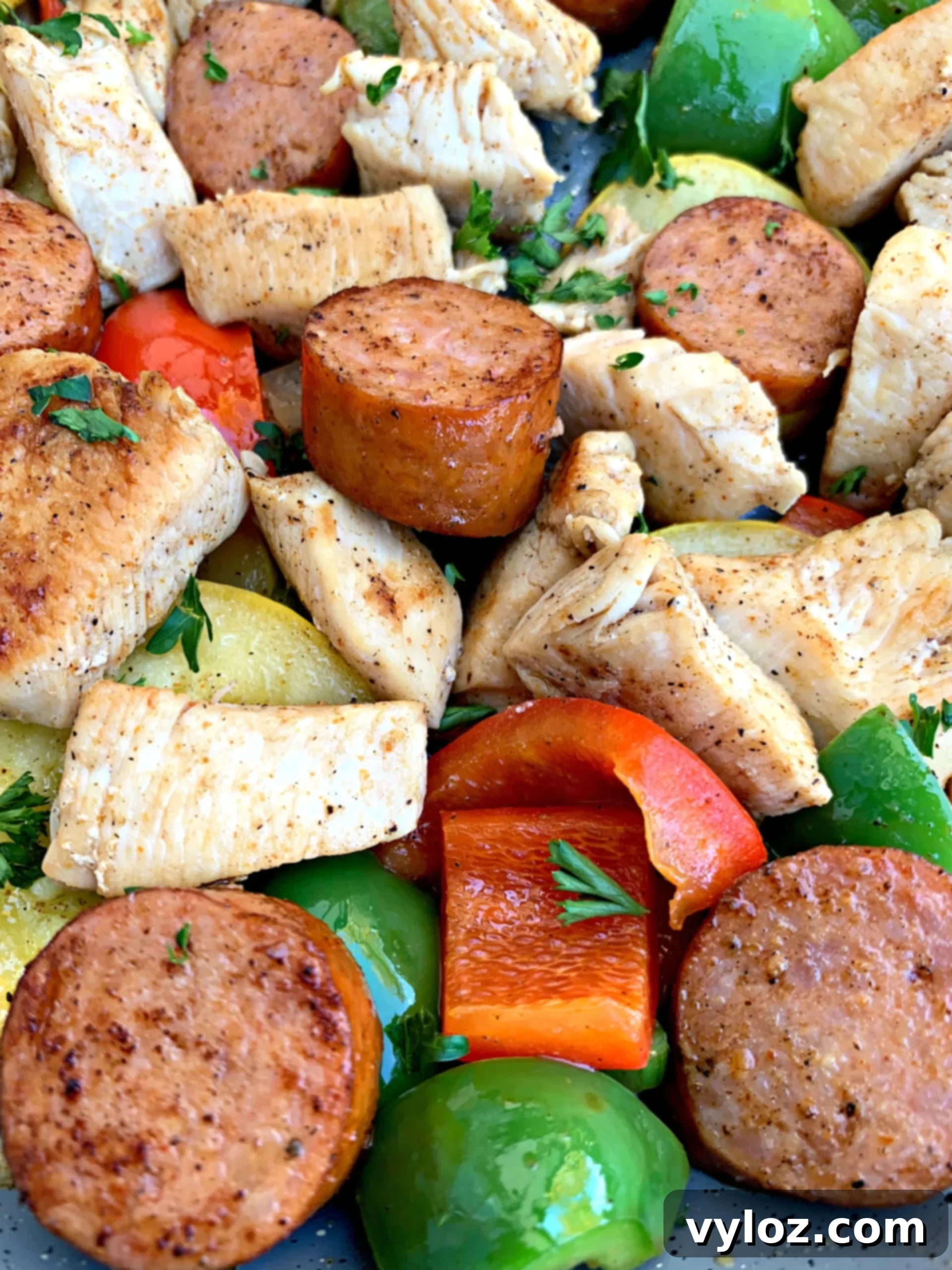 Hearty Cajun Chicken and Sausage Skillet 6 Close-up photo of the finished Cajun Chicken and Sausage Skillet, showcasing the vibrant ingredients