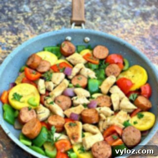 Hearty Cajun Chicken and Sausage Skillet 9 cajun chicken sausage and vegetables in a skillet