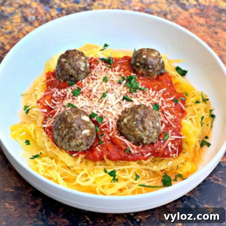 Spaghetti squash marinara with perfectly browned meatballs, garnished with fresh herbs, presented in a crisp white bowl, inviting a delightful meal.
