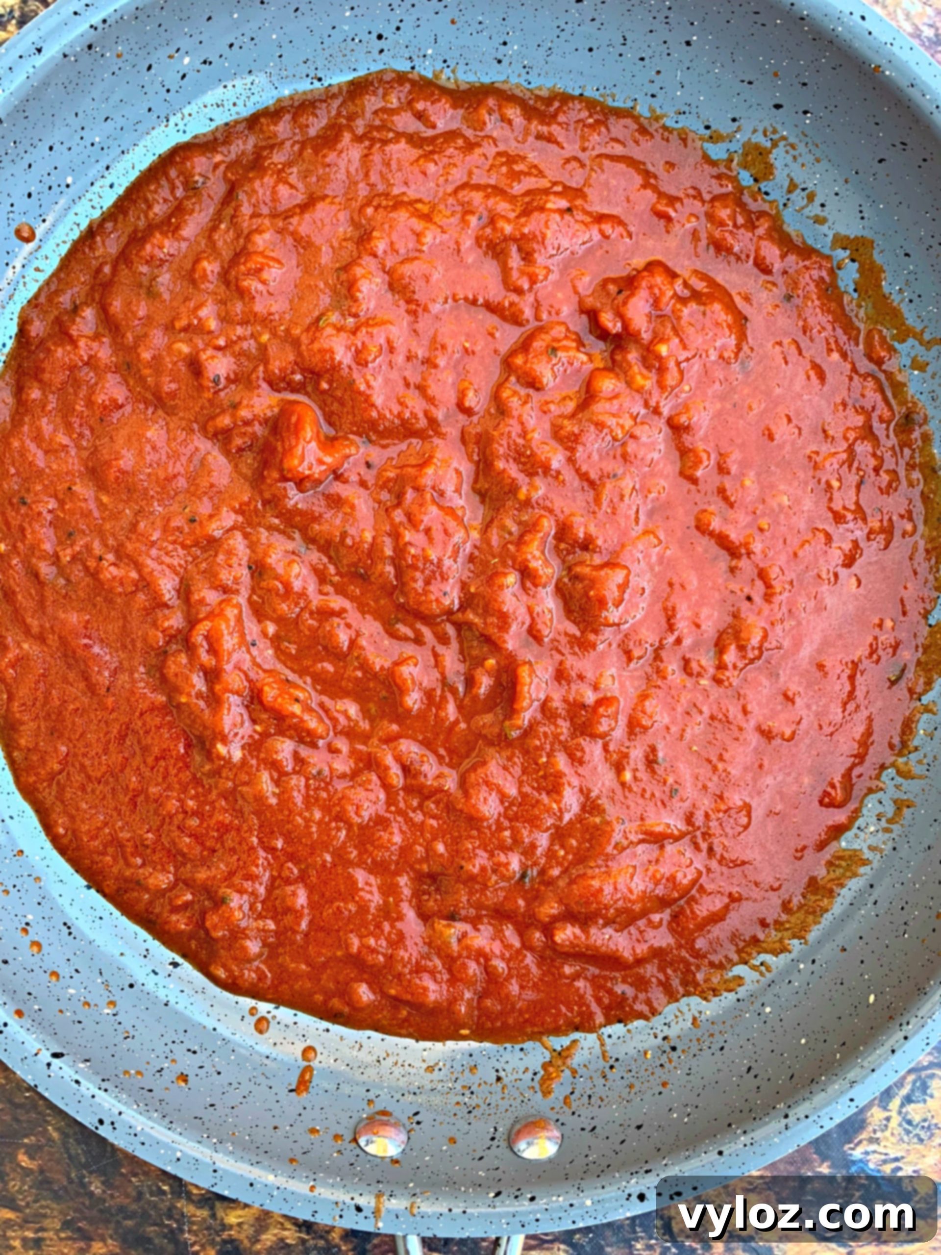 Rich, bubbling marinara sauce simmering gently in a gleaming stainless steel skillet, exuding an appetizing aroma and ready to beautifully coat tender meatballs.