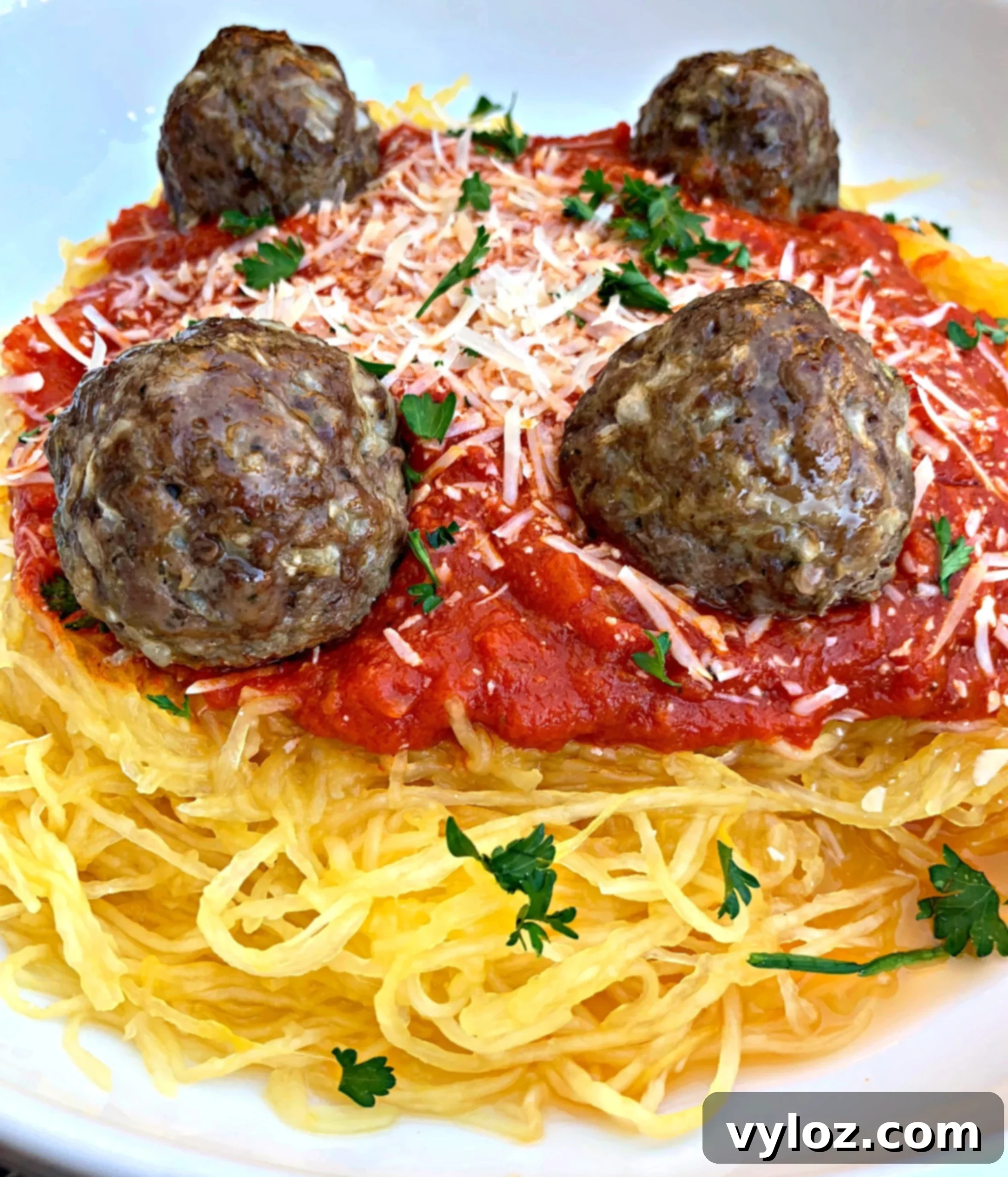 A generous serving of spaghetti squash marinara with savory meatballs, artfully presented in a pristine white bowl and garnished with vibrant fresh herbs, ready for enjoyment.