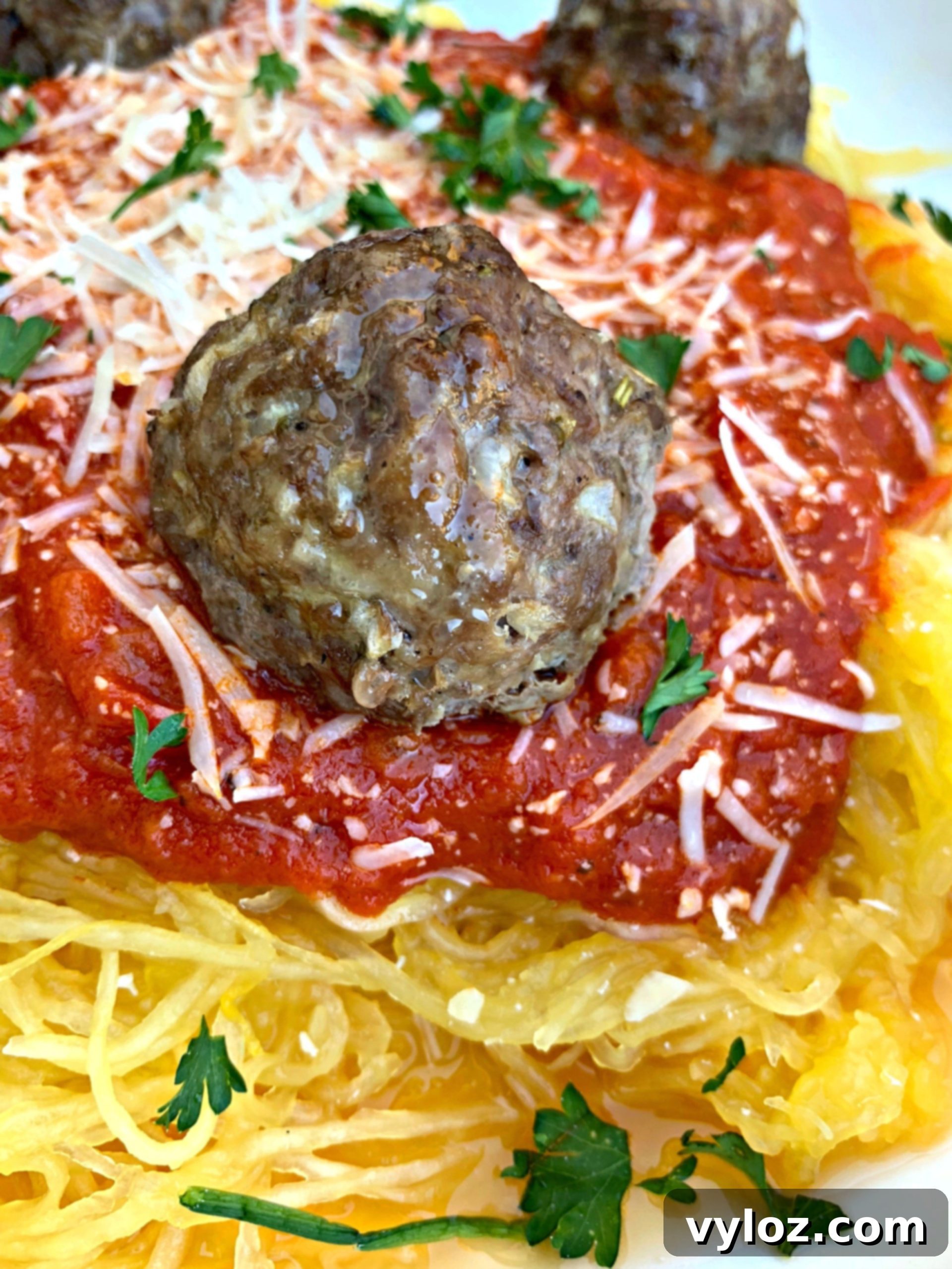 Another enticing perspective of the spaghetti squash marinara and meatballs dish in a white bowl, highlighting the exquisite texture of the squash strands and the rich, glossy sauce.
