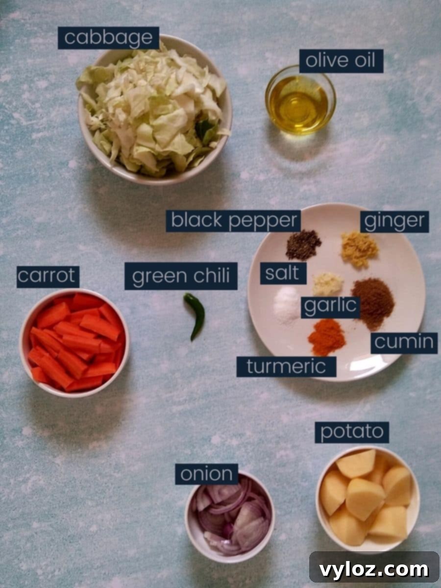 Atakilt Wat Ingredients - fresh cabbage, carrots, potatoes, and spices