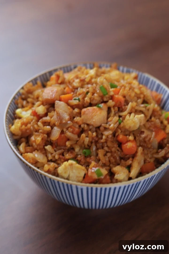 Front view of a bowl of hibachi chicken fried rice topped with green onions, showing fluffy rice and tender chicken pieces.