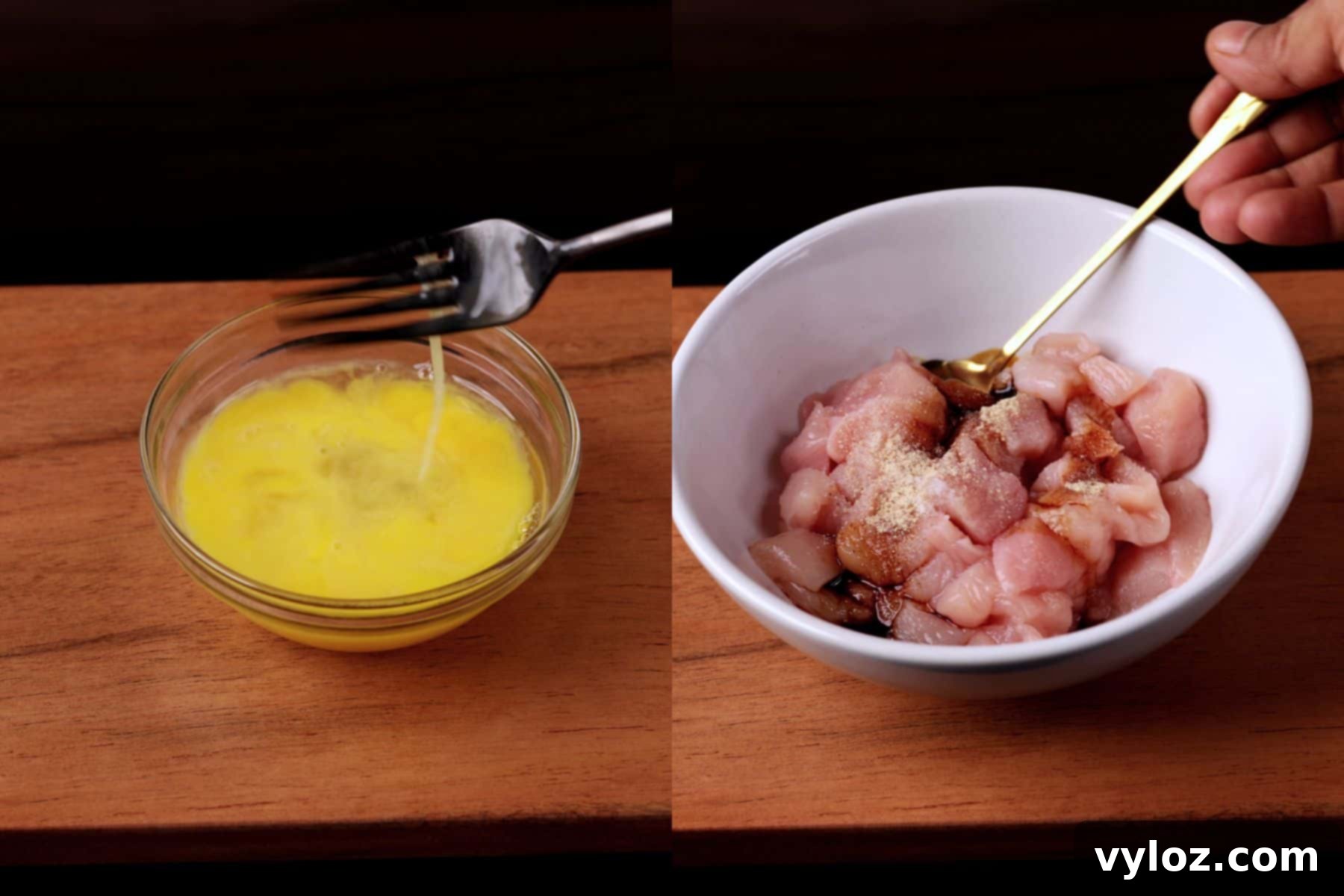 Step 1 of hibachi chicken fried rice — beating eggs and seasoning chicken with soy sauce, salt, and white pepper.