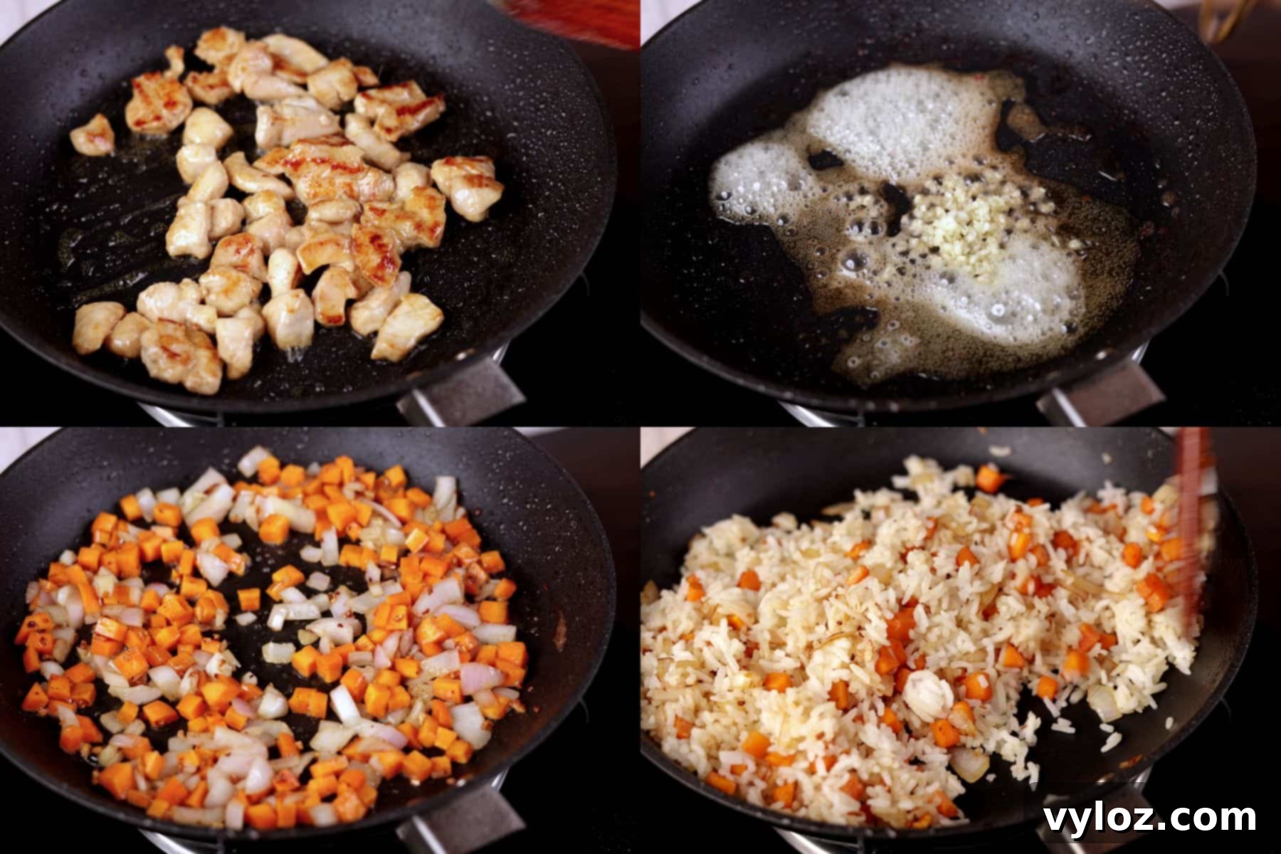 Steps 2 to 4 of hibachi chicken fried rice — cooking chicken until golden, sautéing garlic in butter, stir-frying onion and carrot, and tossing rice over high heat.