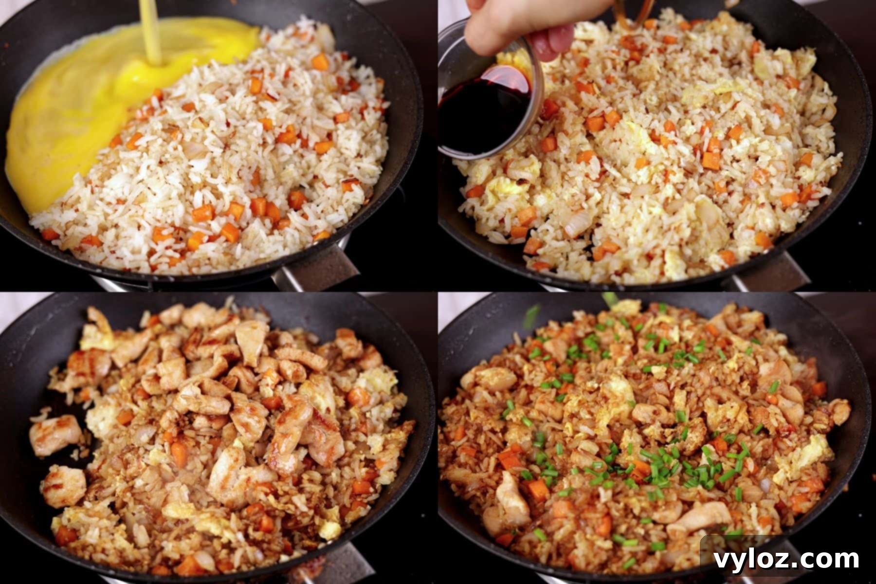 Steps 5 to 8 of hibachi chicken fried rice — scrambling egg, adding soy sauce and seasoning, mixing in cooked chicken and green onions, and tossing everything together.