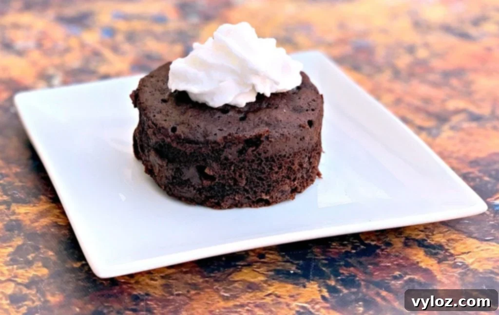 keto chocolate mug cake with whipped cream on a white plate