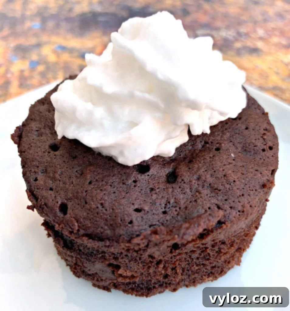 keto chocolate mug cake with whipped cream on a white plate