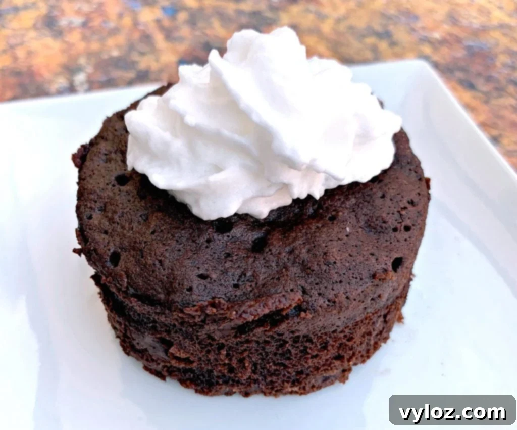 keto chocolate mug cake with whipped cream on a white plate