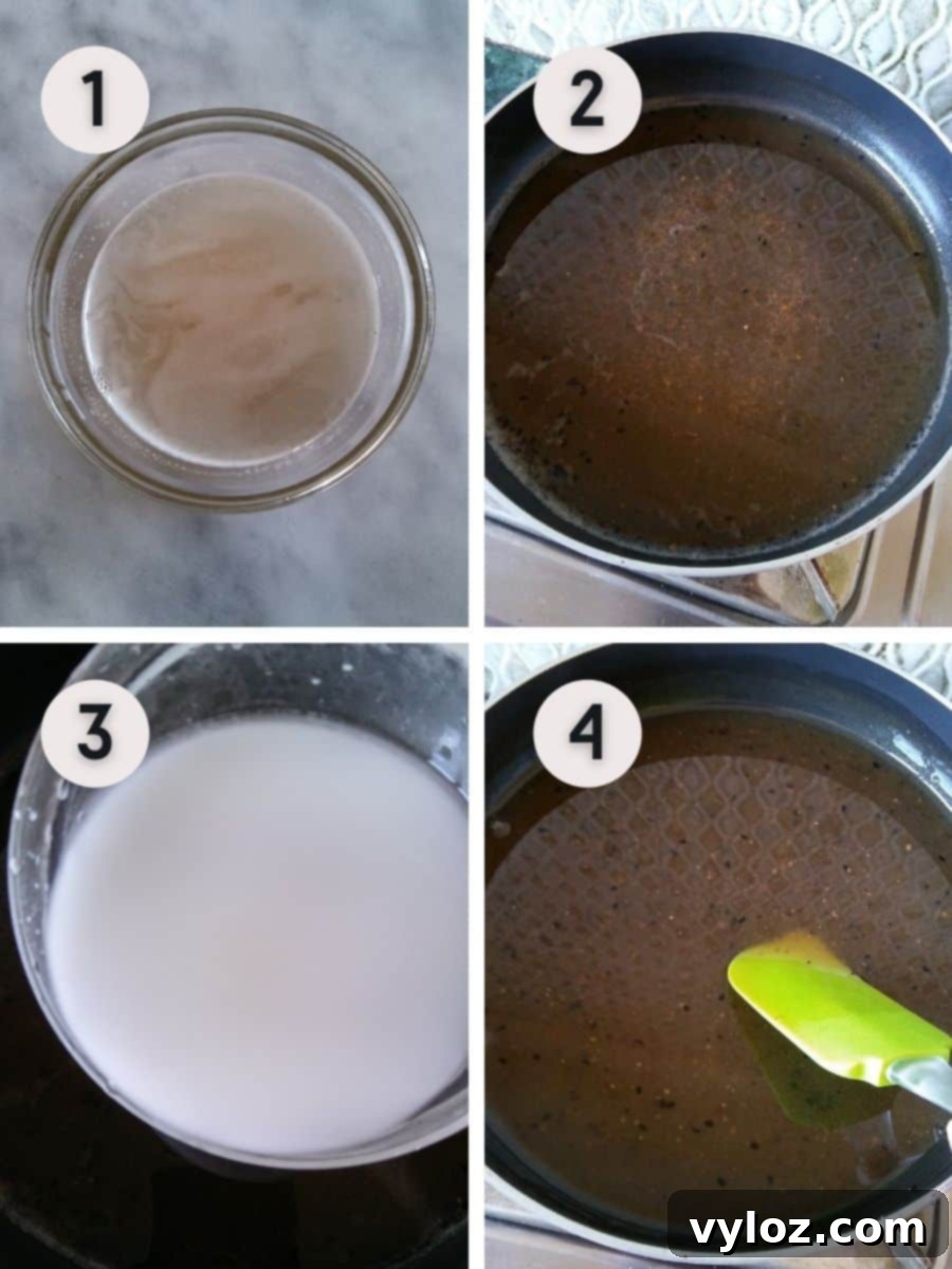 Four images showing preparing onion juice, then boiling with water and spices for making sweet onion sauce.