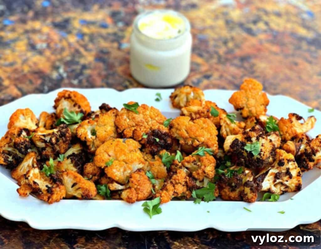 Crispy Air Fryer Buffalo Cauliflower 2 Crispy Air Fryer Buffalo Cauliflower Wings on a white plate, garnished with fresh herbs