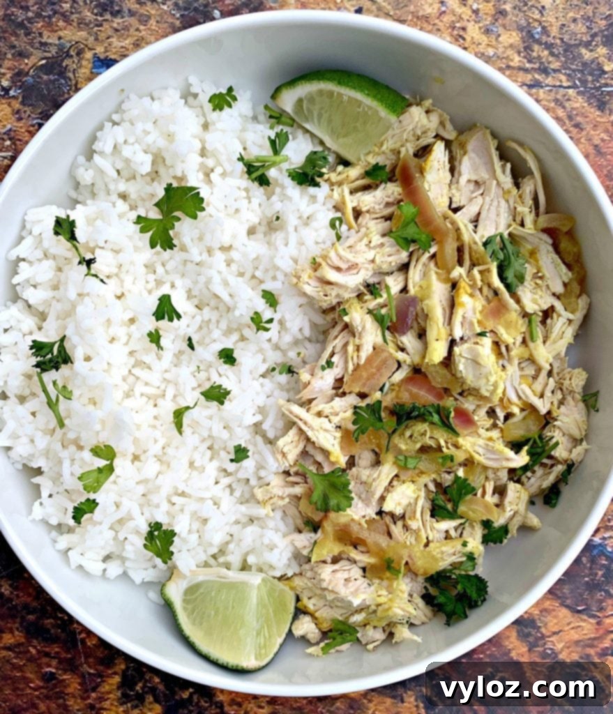 Easy Slow Cooker Curry Chicken Rice Bowls 7 curry chicken and jasmine rice in a white bowl