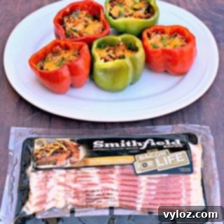 keto low carb bacon stuffed peppers on a white plate