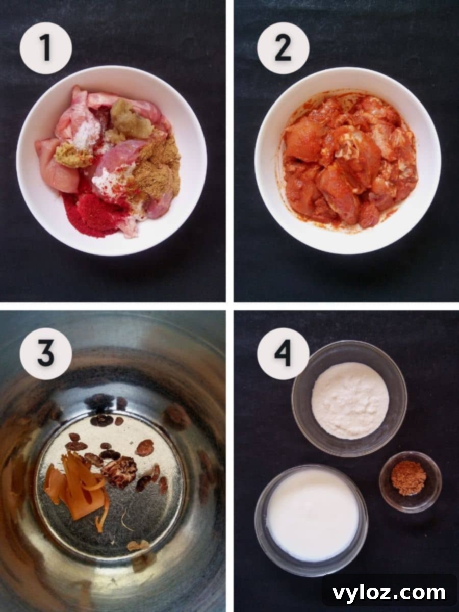 4 images showing marinating chicken and other chicken korma preparations.