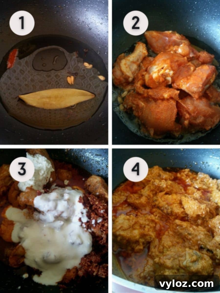 4 images showing stir frying the chicken and sauteing with spices.