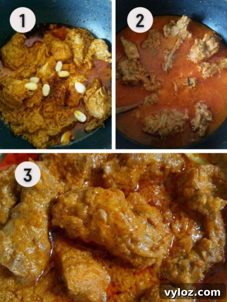 3 images showing making the chicken korma gravy.
