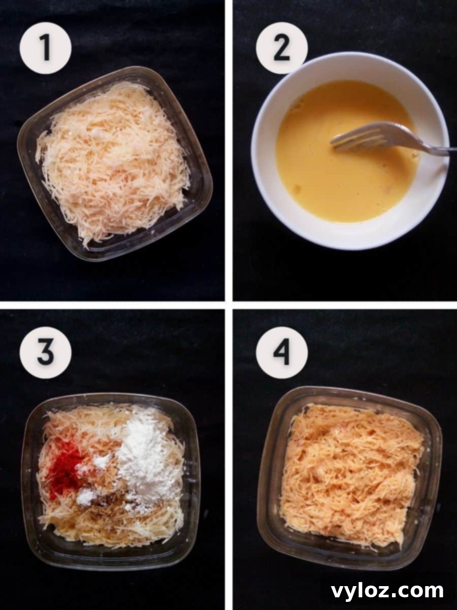 4 images showing preparations of potato fritters mixture step by step.