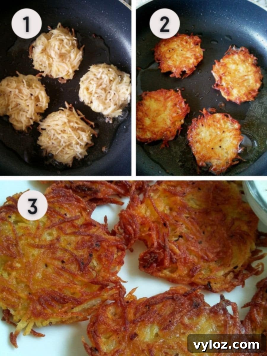 3 images showing shallow frying potato fritters on a pan.