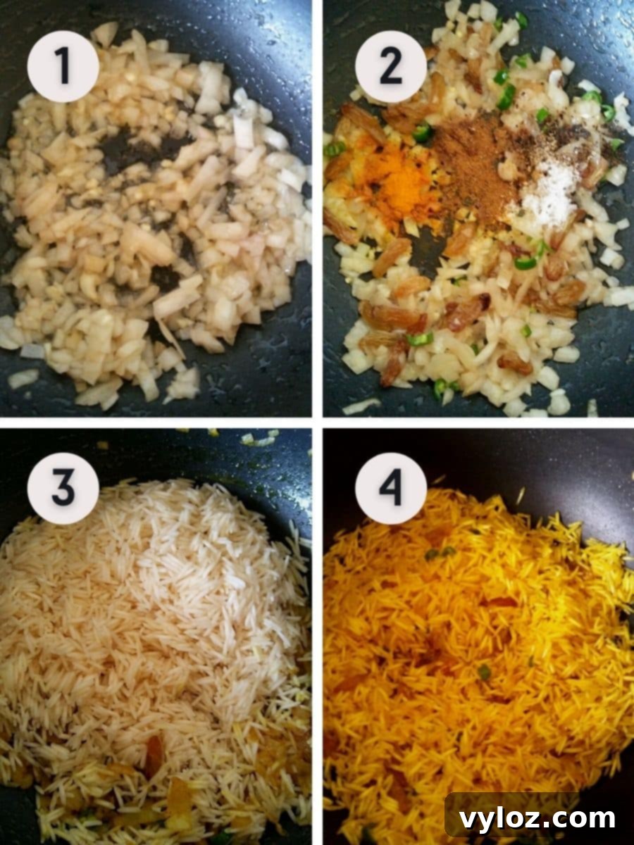 Mediterranean Sunshine Rice 4 4 images showing sauteing onion and spices, sauteing rice for making yellow rice.