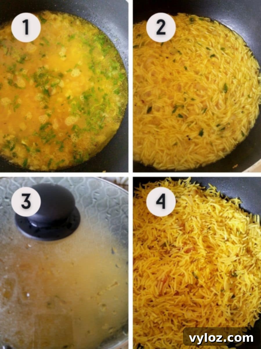 Mediterranean Sunshine Rice 5 4 images showing adding stock to rice, covering and cooking the yellow rice.