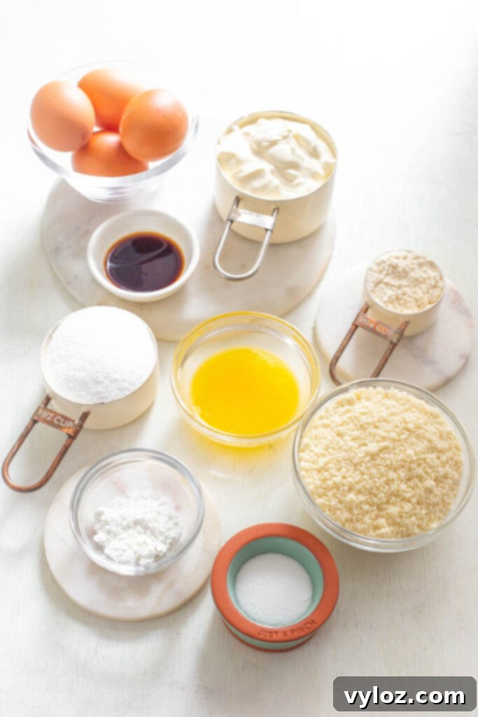 A selection of essential sugar-free cupcake ingredients: granular sweetener, melted butter, pure vanilla extract, almond flour, sour cream, and whole eggs in individual bowls, neatly arranged on a kitchen counter.