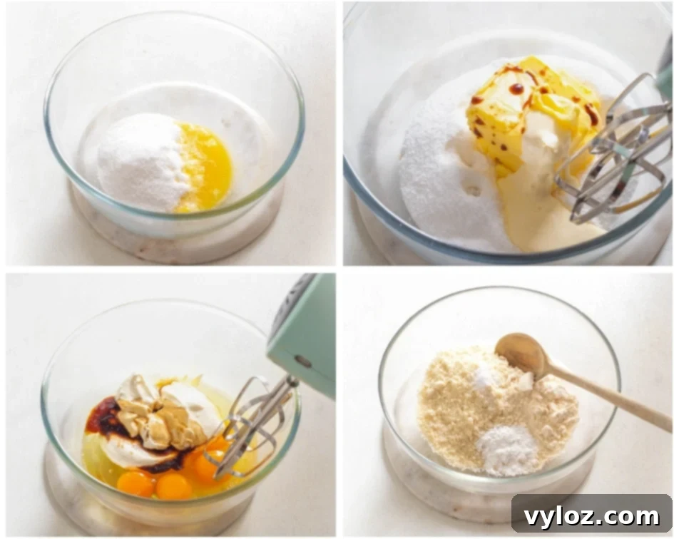 A collage displaying various stages of mixing the wet ingredients—butter, eggs, and sour cream—for sugar-free cupcakes using a hand mixer.