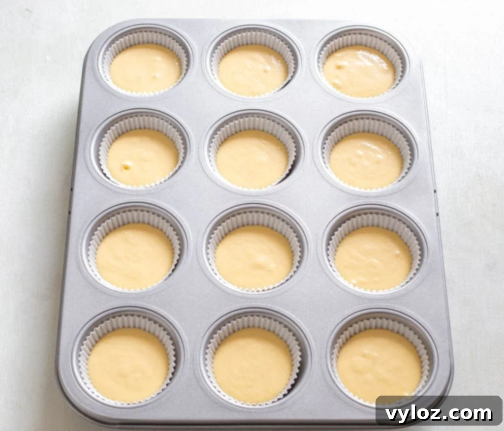 Unbaked sugar-free vanilla cupcake batter neatly portioned into cupcake liners in a muffin tin, awaiting the oven.