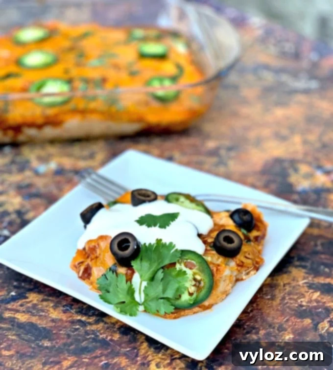 keto low carb enchilada casserole on a white plate and in a baking dish