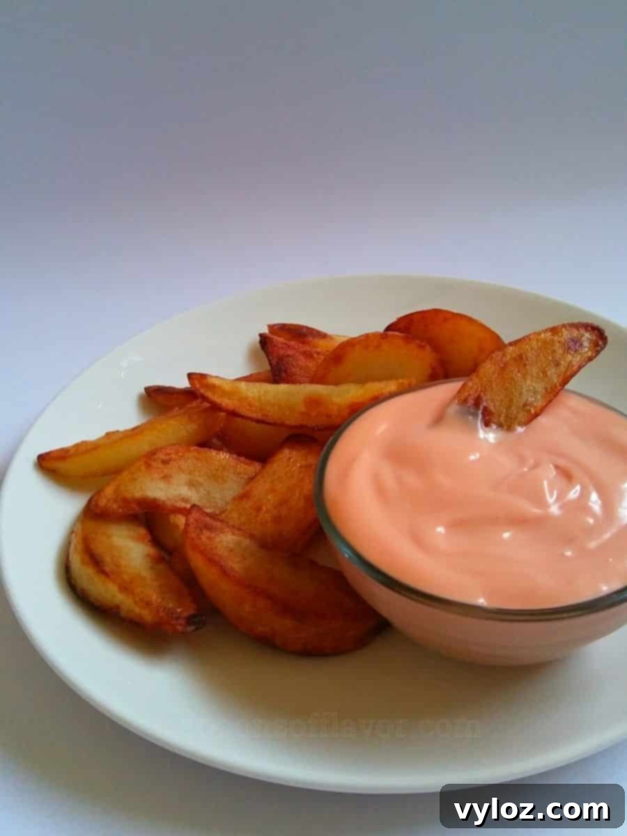 Image showing pink sauce served with potato wedges