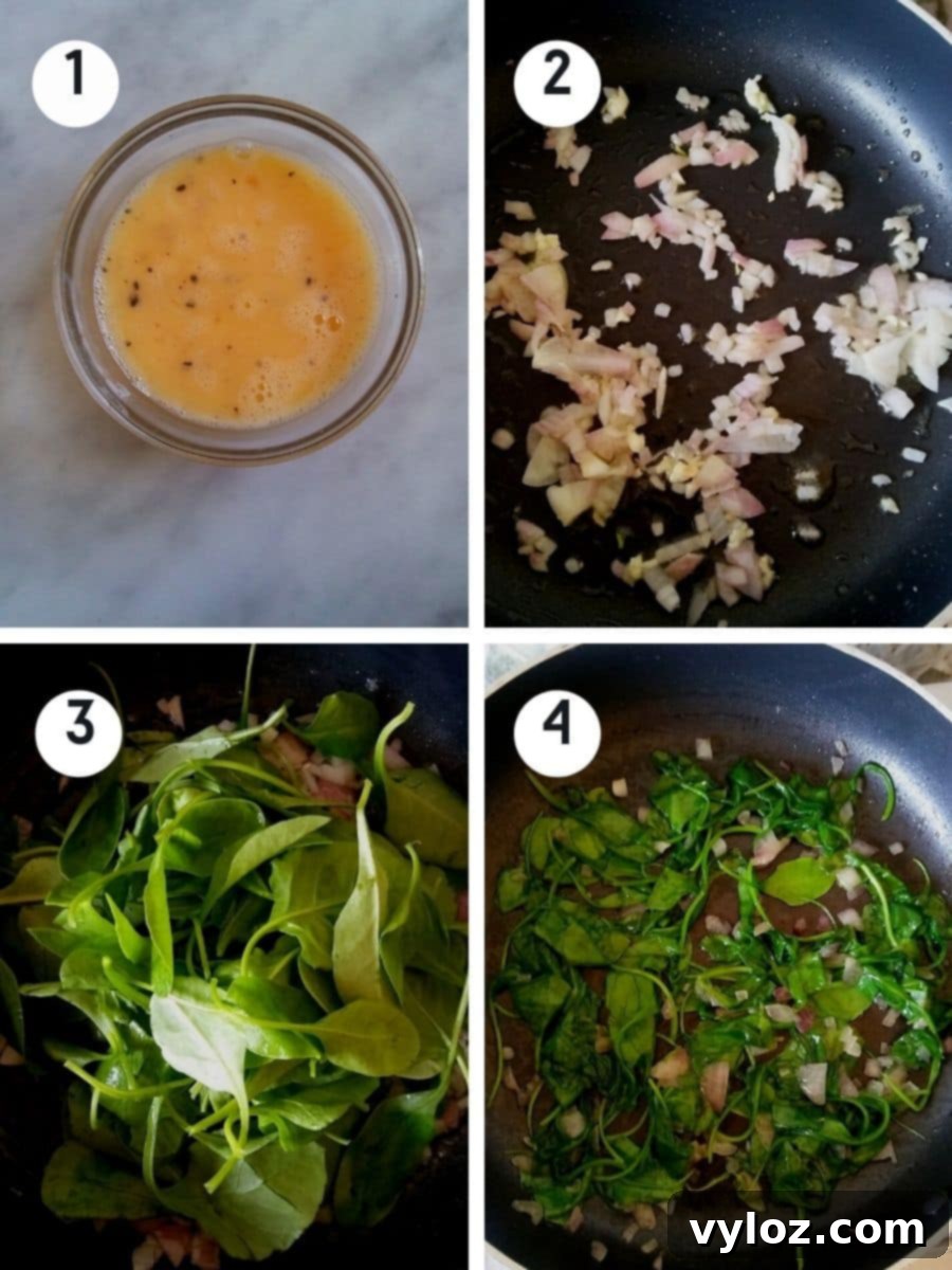Quick and Delicious Cheesy Spinach Omelet 4 4 images showing whisked eggs in a bowl and sautéing spinach for spinach omelette.