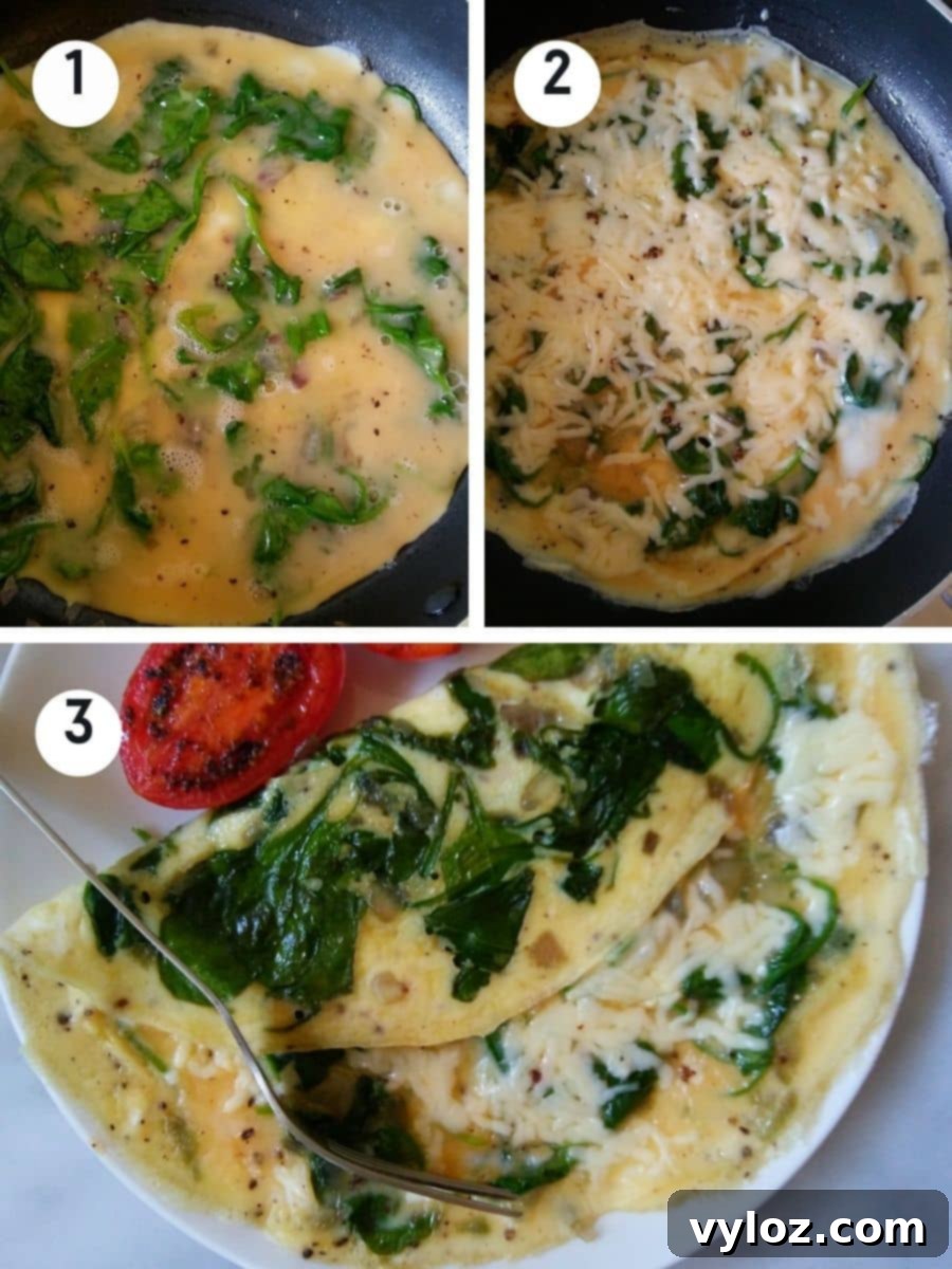 Quick and Delicious Cheesy Spinach Omelet 5 3 images showing making omelette with spinach and topped with grated cheese.