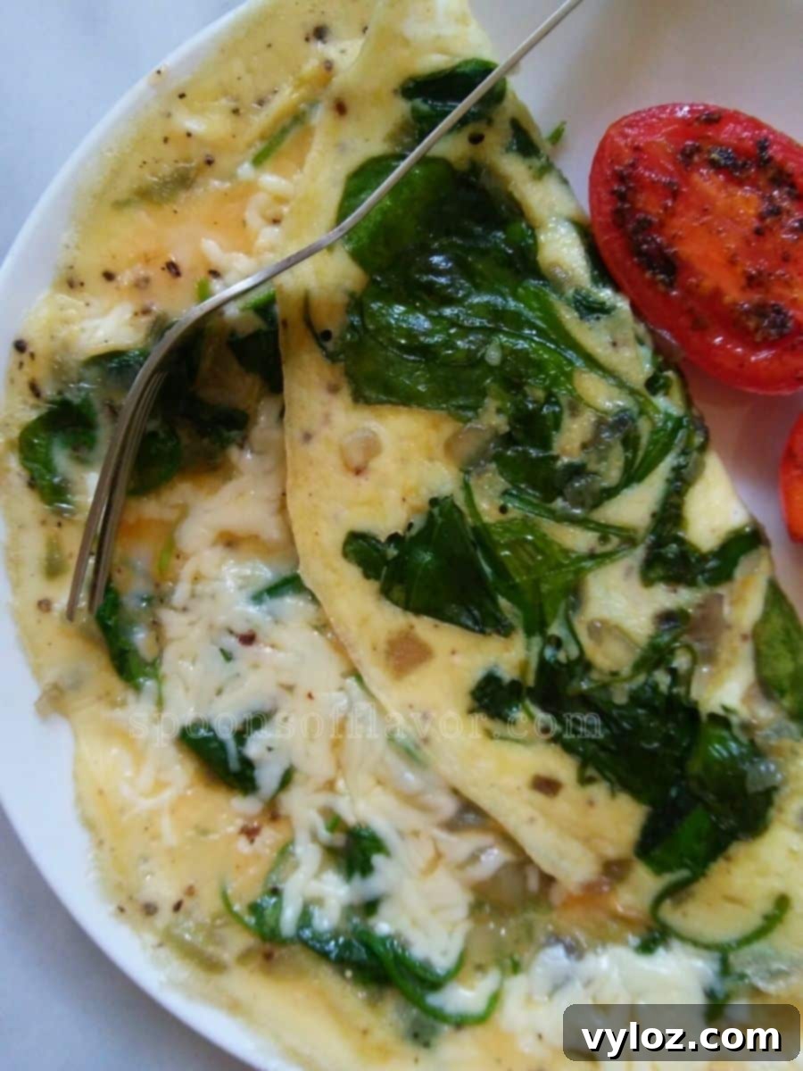 Quick and Delicious Cheesy Spinach Omelet 6 Image showing egg ometette with spinach and cheese served on a white plate with roasted tomatoes.
