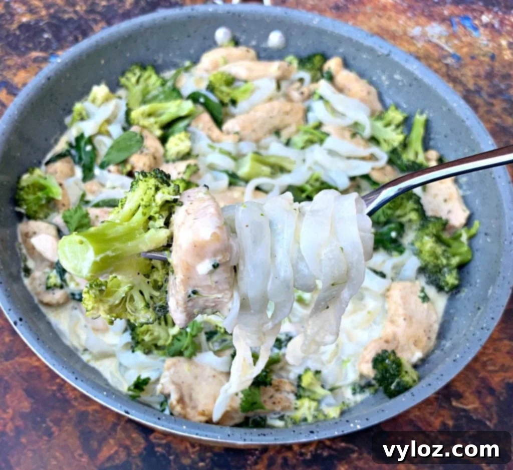 Creamy Keto Chicken Alfredo with Shirataki Fettuccine 12 A person holding a skillet of keto chicken alfredo with shirataki noodles, broccoli, and spinach, poised to enjoy a delicious, healthy meal.