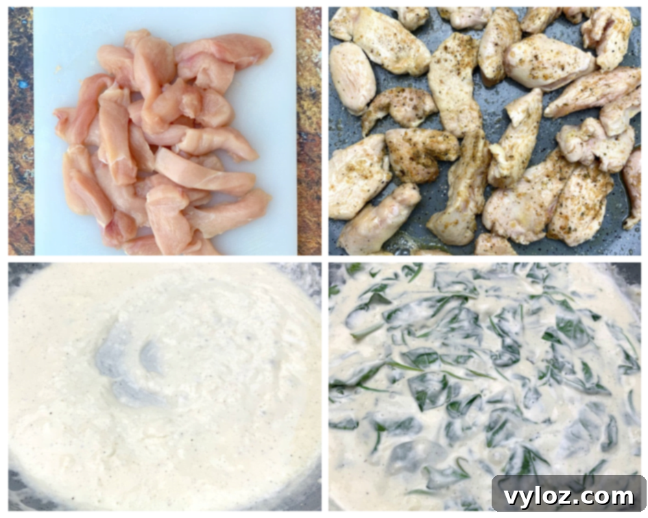 Creamy Keto Chicken Alfredo with Shirataki Fettuccine 5 A visual progression from raw chicken breast to perfectly cooked chicken, ready to be tossed in a rich keto alfredo sauce.