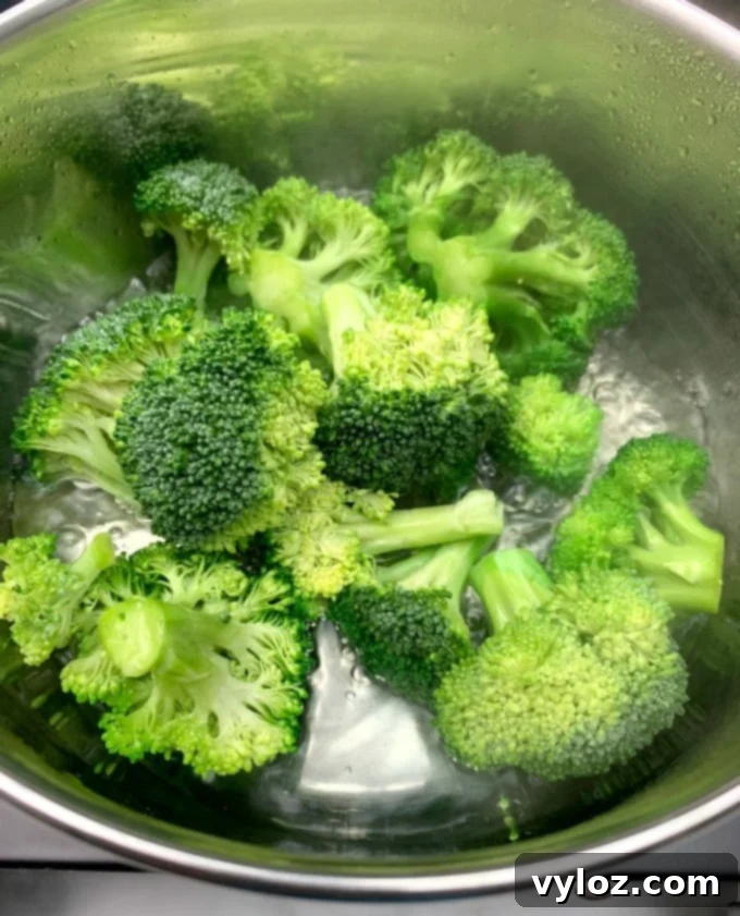 Creamy Keto Chicken Alfredo with Shirataki Fettuccine 8 Fresh broccoli florets steaming in a saucepan, ready to be added to the creamy alfredo.